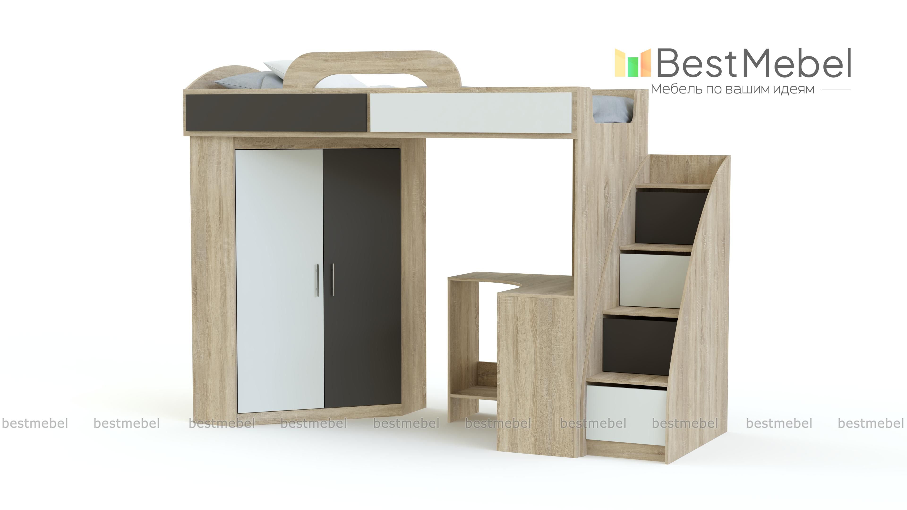 Кровать-чердак со шкафом и столом Фимо 2 BMS - Фото